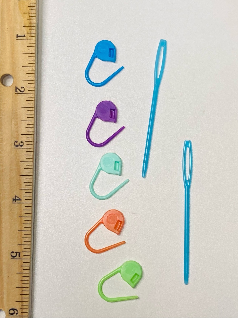 5 for $10: 5 Colorful Stitch Markers and 2 Plastic Sewing Needles Bright Colors